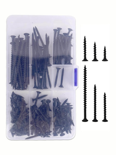 Drywall Screws Assortment Kit, 166-Piece Black Wood Screws in clear box with 6 sizes including 3 in, 2 in, 1-1/2 in, rust-resistant.