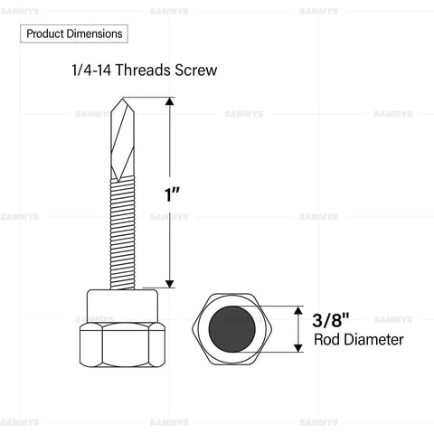 Diagram showing dimensions of Sammys 8040957-50 DST 10 3/8 Inch Screw Vertical Threaded Rod Anchor with 1/4-14 thread, 1 inch length.