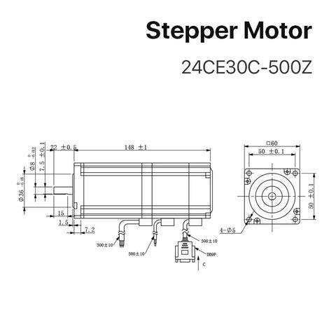 NEMA 24 closed-loop stepper motor technical drawing; side and front views with mounting dimensions (Amazon)