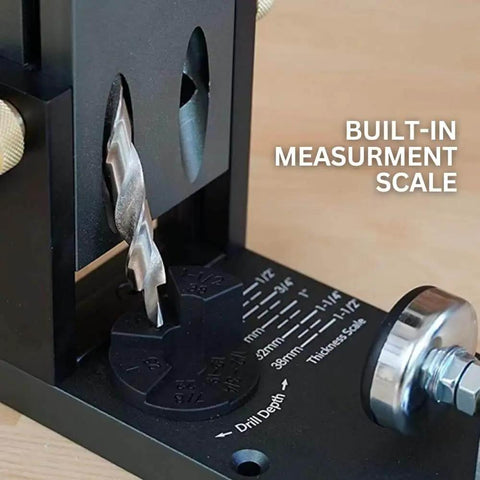 Close-up of Aluminum Pocket Hole Jig System Pro M2 with built-in measurement scale and adjustable settings for precise joinery.