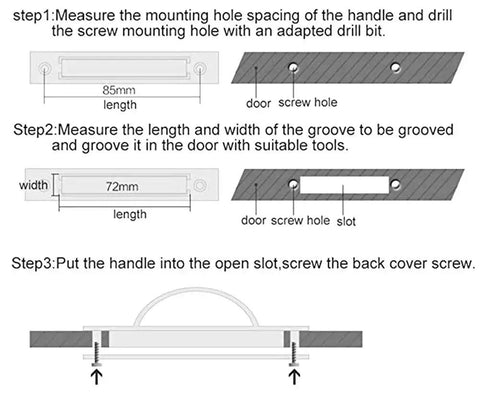 Installation steps for Invisible Cabinet Handles Pack Of 2 Hidden Concealed Tatami Handles Zinc Alloy with 180 Degree Rotation.