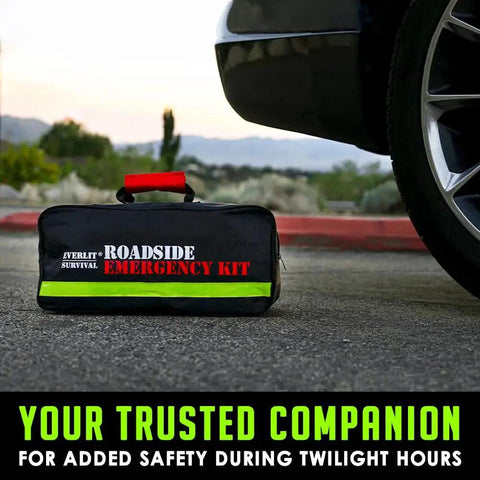 Roadside emergency kit on pavement next to car, labeled Everlit Survival. Go To Car Roadside Emergency Kit With Digital Tire Inflator 12 Foot