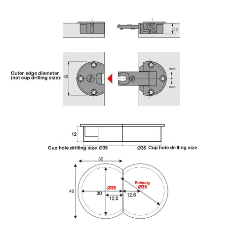 Technical diagram of 90 Degree 3D Adjustable Concealed Flap Lid Hinge 35mm Cup for Furniture Cabinets Wardrobes Nickel Plated Zinc Alloy.