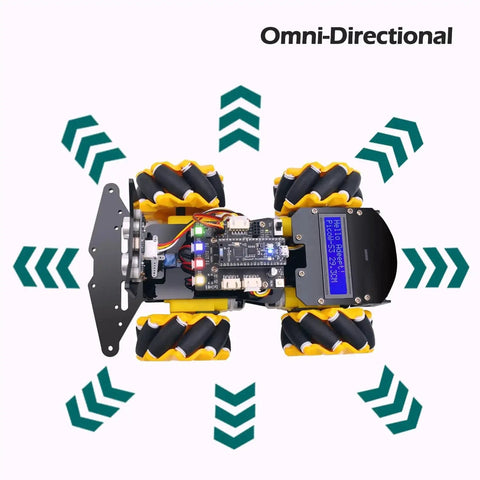 Top view of Omnidirectional 4WD Mecanum Robot Car Kit For ESP32 S3 And Banana Pi PicoW S3 with LCD1602 display and mecanum wheels