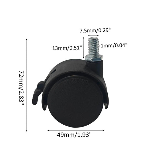Four Pack 2 Inch M8 Threaded Stem Caster Wheels Nylon Swivel Casters With Brake Lock For Furniture Office Chairs And Storage Shelves Smooth 360 Degree Swivel For Easy Maneuverability And Quiet Non Marking Wheels Load Capacity 5 Kg Per Wheel 11 Lb, close-up with measurements visible