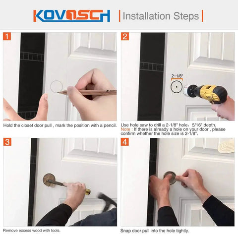 Installation steps for 10 Pack Black Closet Door Finger Pulls Two And One Eighth Inch Round Sliding Door Pull With Easy Snap In Installation Universal Fit For Bypass Closet Doors And Furniture Durable Stamped Steel Construction No Nails Required.