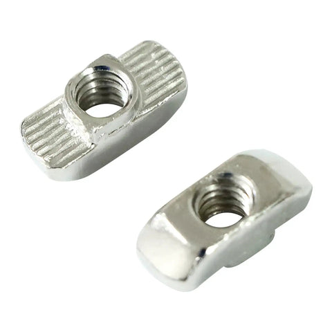 Drop-In T-Nut 1/4-20 Threaded Steel for Aluminum Extrusion Profiles, nickel-plated, side view of two pieces for 15 and 40 series T-slot.