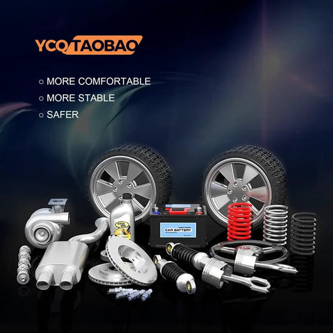 Automotive parts kit including tires, battery, and suspension components displayed on a reflective surface.