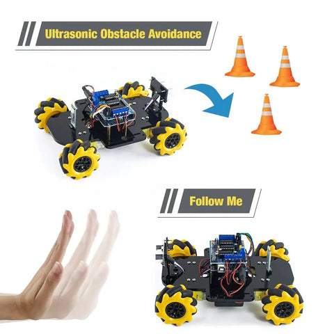 4WD Mecanum Robot Car Kit for DIY Projects with Arduino IDE Compatibility and App Control Ultrasonic Sensing in motion