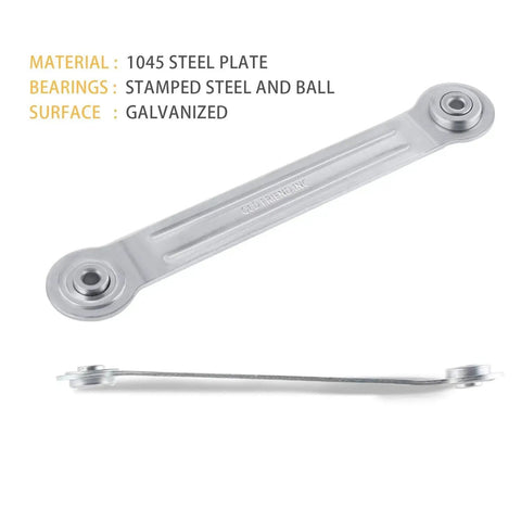 Side view of glider bracket hardware with nine and a half inches center distance and one quarter inch bolt holes, galvanized steel.
