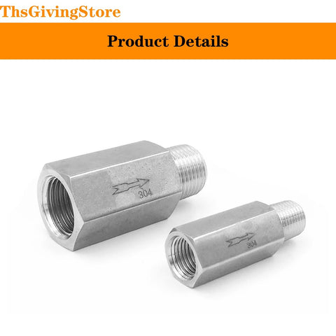 Two 1/4 inch NPT female-to-male check valves, 304 stainless steel, hex bodies for water, oil, gas systems