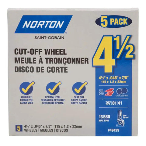 Aggressive Four And A Half Inch Cut Off Wheels Pack Of Five For Angle Grinders General Purpose Cutting Discs With Norton Aluminum Oxide Grain And Proprietary Bond For Long Life And More Cuts Per Wheel When Cutting Metal And Stainless Steel product packaging box.