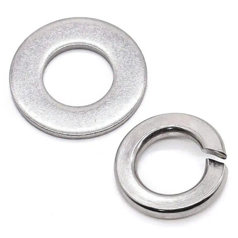 304 Stainless Steel Flat Washers and Lock Washers Set Built to Last, 100 Pcs Total, shown with flat and lock washer close-up