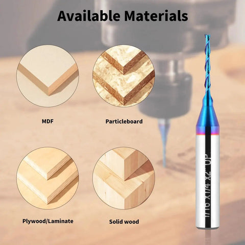 Upcut Spiral Router Bit With One Quarter Inch Shank And One Sixteenth Inch Cutting Diameter Solid Carbide Blue Nano Coated CNC Router Bit For Wood Carving And Engraving Built For DIYers And Pros Alike EANOSIC shown with wood types like MDF and solid wood.