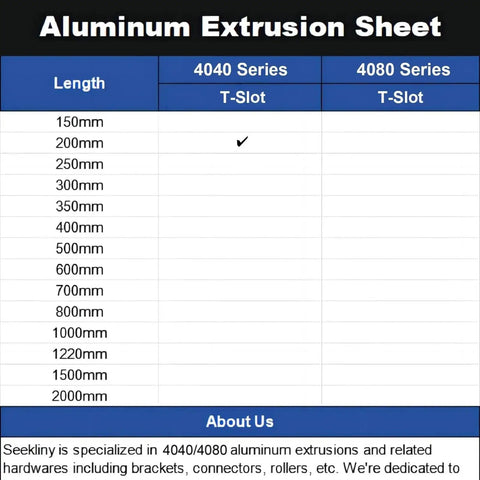 Chart showing available lengths for 4040 and 4080 T-slot aluminum extrusion series, highlighting 200mm in 4040 series for 4 Pack 4040 T Slot Aluminum Extrusion 200mm Silver Anodized Profile For 40x40 Framing And 3D Printer Builds European Standard Linear Rail Kit For Built Tough And Sleek Custom Frames.