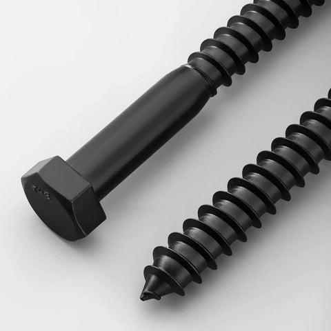Close-up of black zinc-plated hex lag screws and washers from 26 Piece Set Of One Quarter By One And One Half Inch Hex Lag Screws With Flat Washers For Wood, 304 Stainless Steel Black Zinc Plated, Heavy Duty Lag Bolts, Includes 26 Washers And A Seven Sixteenth Inch Hex Driver Bit.