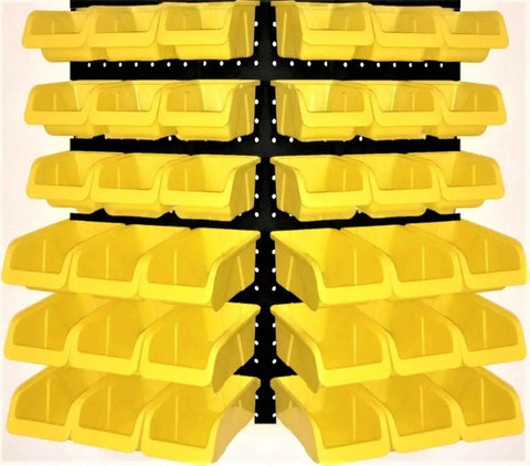 36 Pack Pegboard Bin Kit With 18 Medium And 18 Large Yellow Bins for garage workshop organization mounted on pegboard
