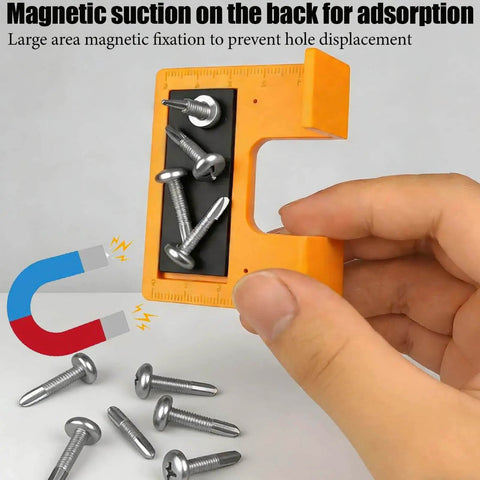 Bright orange Magnetic Door Hinge Jig Set Four Piece Quickly Aligns And Mounts Hinges Hands Free With 2mm Gap Locator shown held.