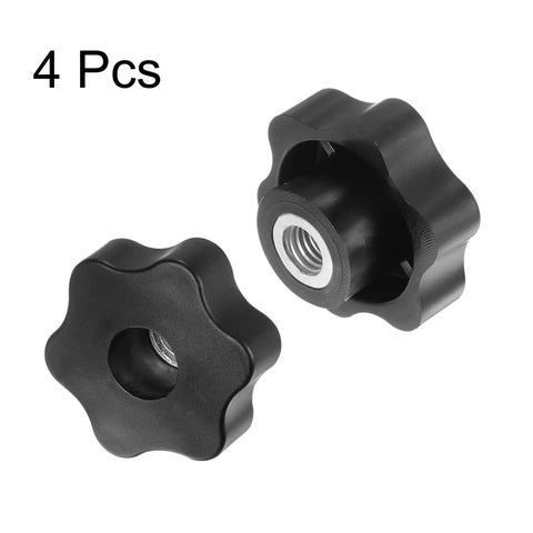 4 Pcs M10 Female Thread Star Knobs With 48mm Head Through Hole Black, front and side view showing thread and shape.