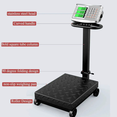 660lb Heavy Duty Floor Platform Scale With Wheels Workhorse Digital Scale For Weighing Luggage And Packages, foldable design