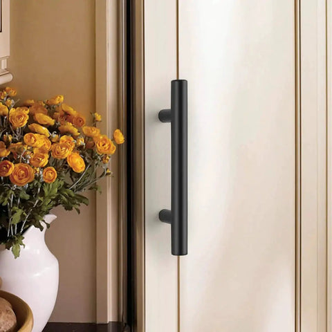 10 Pack 256mm Center To Center Black Bar Cabinet Pulls Modern T Bar Handles For Kitchen Cabinets Installed on Door