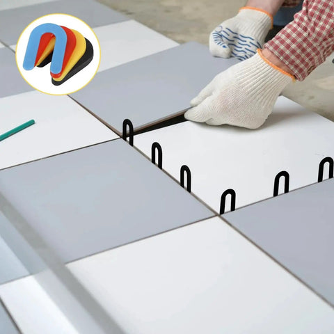 Horseshoe Shims Kit Color Coded U Shaped Plastic Leveling Shims 2x1.3in used in tile leveling with color options visible in insert.