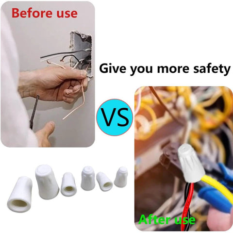 Ceramic wire connectors set, 30-pack small white caps for 18-8 AWG high-temp repairs, before and after use.