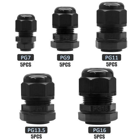 Image of 25 Pcs Nylon Cable Glands Set With IP68 Waterproof Strain Relief, sizes PG7 PG9 PG11 PG13.5 PG16, for 3-13mm cables.