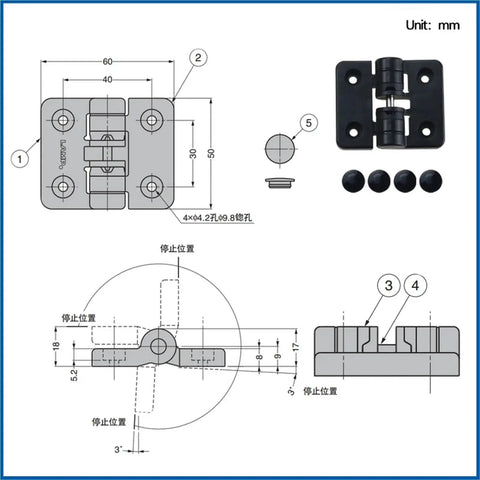 Front view of black resin positioning torque hinge for medical equipment, 1 pc, 90-degree limit