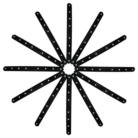 12 Pack Heavy Duty Black Straight Mending Plates 10 Inch 250mm Metal Brackets arranged in star shape