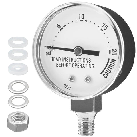 Pressure cooker gauge for Presto canners, chrome dial with threaded outlet, includes 3 washers and mounting nut.