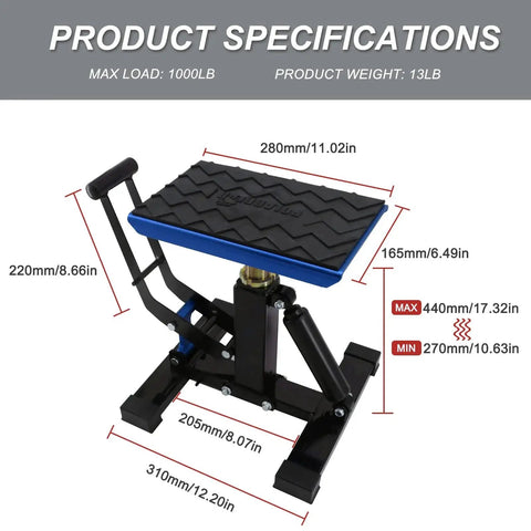 Adjustable 1200 Lb Dirt Bike Stand And Lift With Aluminum Platform showing dimensions and specifications.