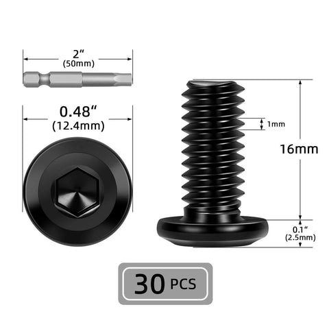 M6 X 16mm Flat Head Socket Cap Screws Set In Stainless Steel 304 With Black Coating For Rust Resistant Performance, Includes Screwdriver Bit, 30 Pieces