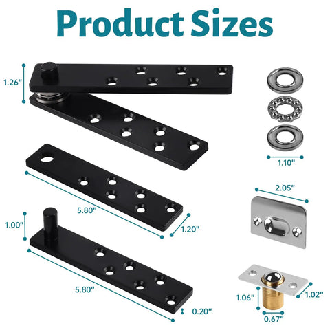 Heavy Duty Hidden Door Pivot Hinge Set For Murphy Doors And Bookcases, black stainless steel, product sizes displayed.