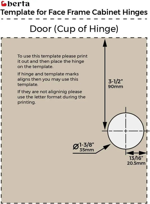 Template for 4 Pack One Half Inch Overlay Concealed Cabinet Hinges With Soft Close And 105 Degree Open For Face Frame And Frameless Doors, Satin Nickel Finish, 45mm Stainless Steel, Six Way Adjustable Self Closing For Your Kitchen Reno showing hinge cup dimensions.