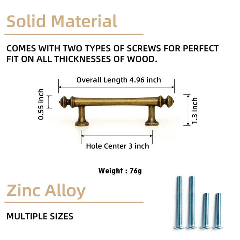 Six Pack 3 Inch Hole Center Cabinet Pulls Antique Brass Zinc Alloy Drawer Handles For Kitchen Cabinets And Furniture Durable Zinc Alloy Construction With Antique Brass Finish Pre Drilled Holes For Easy Mounting Includes Two M4 Screws Per Pull 9618 GT 76mm