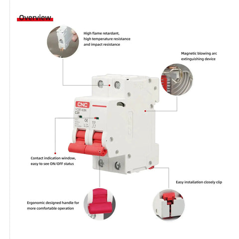 63 Amp Two Pole DIN Rail Mount AC Circuit Breaker with Thermal Magnetic Trip 120V 240V, front view, ergonomic handle, labeled features.