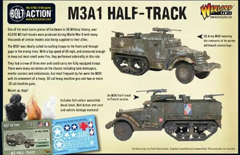 US Army M3A1 Half Track Scale Model Kit For Bolt Action War Gaming One To Fifty Six Scale 28mm Plastic Highly Detailed World War II Miniatures With Waterslide Decals Stat Card And Damage Markers packaging