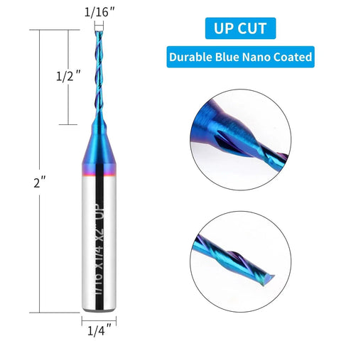 Upcut Spiral Router Bit With One Quarter Inch Shank And One Sixteenth Inch Cutting Diameter Solid Carbide Blue Nano Coated CNC Router Bit For Wood Carving And Engraving Built For DIYers And Pros Alike EANOSIC, shown with product dimensions.