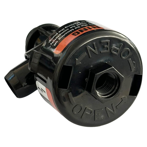 Trucktok high-flow manual relief valve for pool/spa filters, black plastic body with threaded connection and OPEN marking.