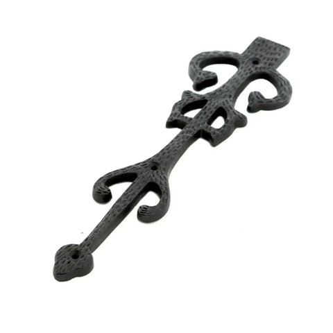 Close-up of a Garage Door Decorative Hardware Set 11 Inch Slick Black Wrought Iron Dummy Strap Hinge, decorative design detail.