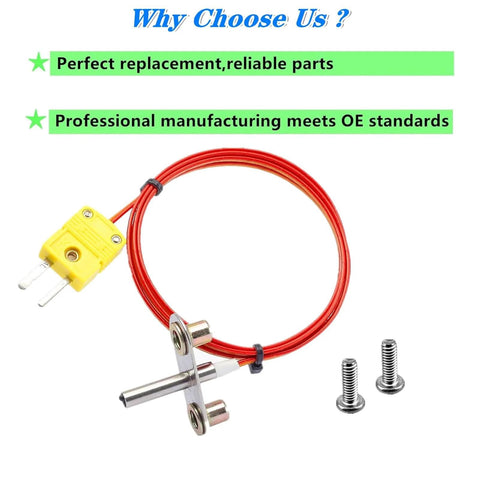 Thermocouple probe kit with red insulated wire, metal mounting bracket, yellow two-pin plug, and screws
