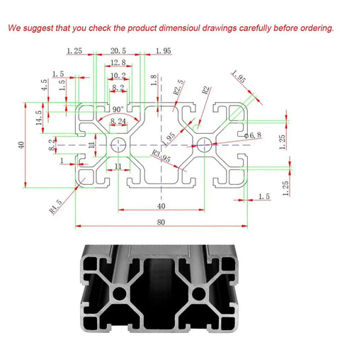 Dimensional drawing of 4080 T Slot Aluminum Extrusion For 3D Printer Parts And CNC DIY Black 400mm By 2 Framing Rail