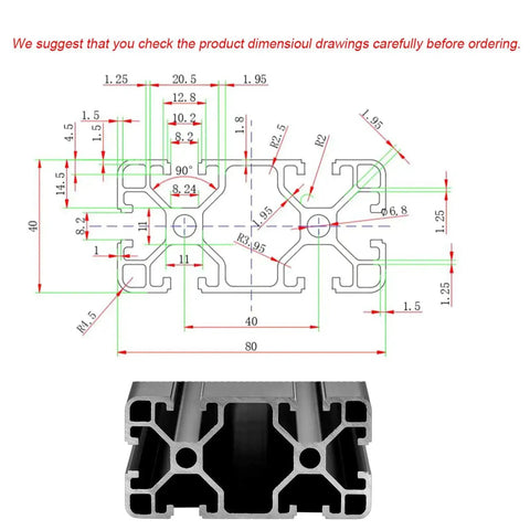Technical drawing and profile view of 4080 T Slot Aluminum Extrusion for 3D Printer Frames and CNC DIY Builds Black Anodized 500mm by 20mm.