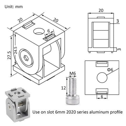 Technical drawing and photo of 4 Piece Black 2020 Aluminum Extrusion Pivot Hinge Swivel Angle Bracket With Handle For 20 Series 20 By 20 2040.