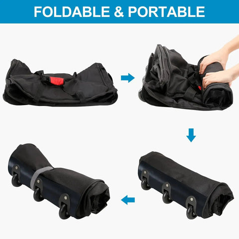 Foldable Road Trip Ready Rolling Duffel Bag with three wheels, compactly folded, showcasing Finnhomy quality travel gear for easy storage.