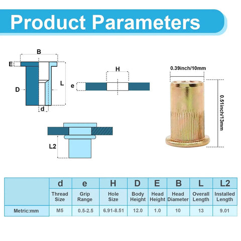 M5 Rivet Nuts 100 Pcs Zinc Plated Carbon Steel Flat Head Rivet Insert with dimensions and specifications diagram