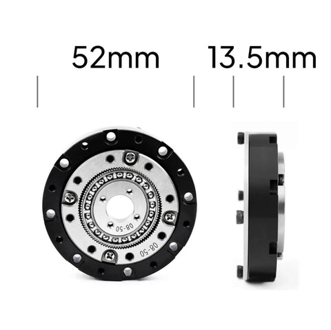 Front and side view of Compact 14 17 Servo Motor Speed Reducer With 52mm Gearbox Strain Wave Gear Harmonic Drive for Robot Actuators