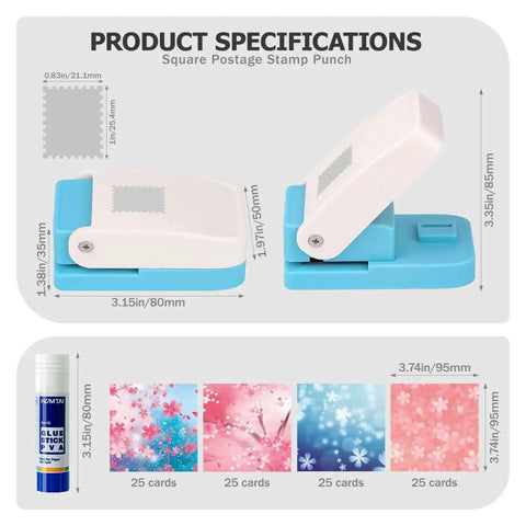 Rectangular Stamp Puncher Kit 0.8 Inch With Lever Action Paper Punch Includes Glue Sticks And 100 Colorful Paper Sheets