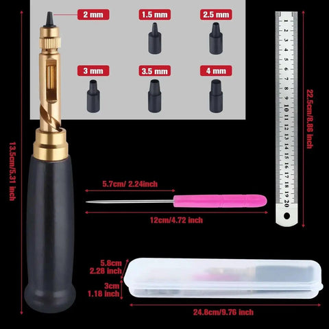 Adjustable Leather Hole Punch Tool With Wood Handle And Six Drill Sizes 1.5mm 2mm 2.5mm 3mm 3.5mm 4mm Includes Ruler Gloves And Storage Box